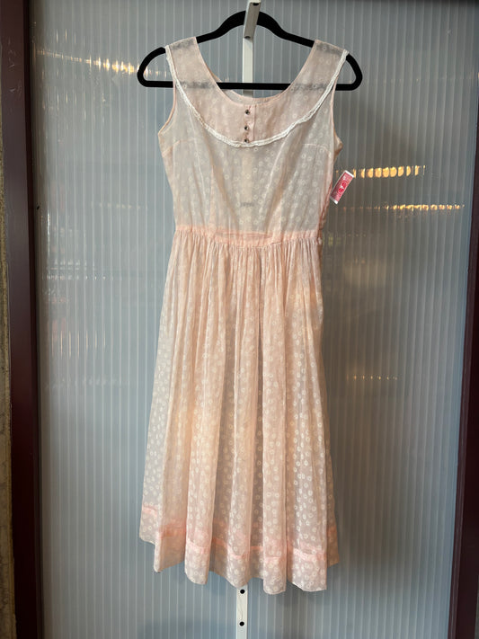 1940s Rose Pink Sheer Overlay w/ Swiss Dot Flowers