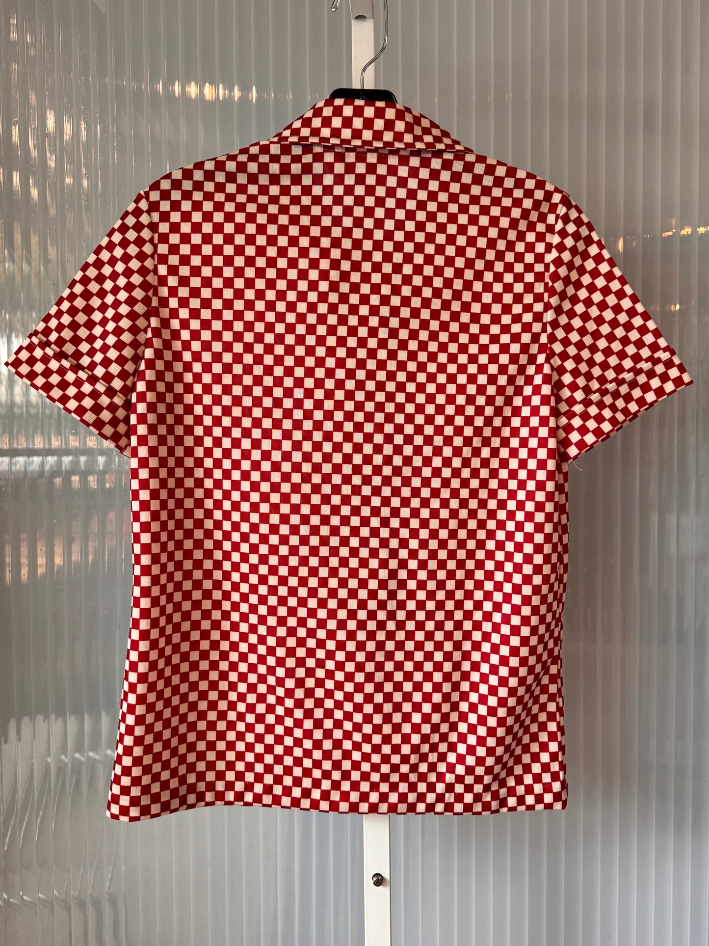 1970s Red & Cream Checkered Polyknit Polo