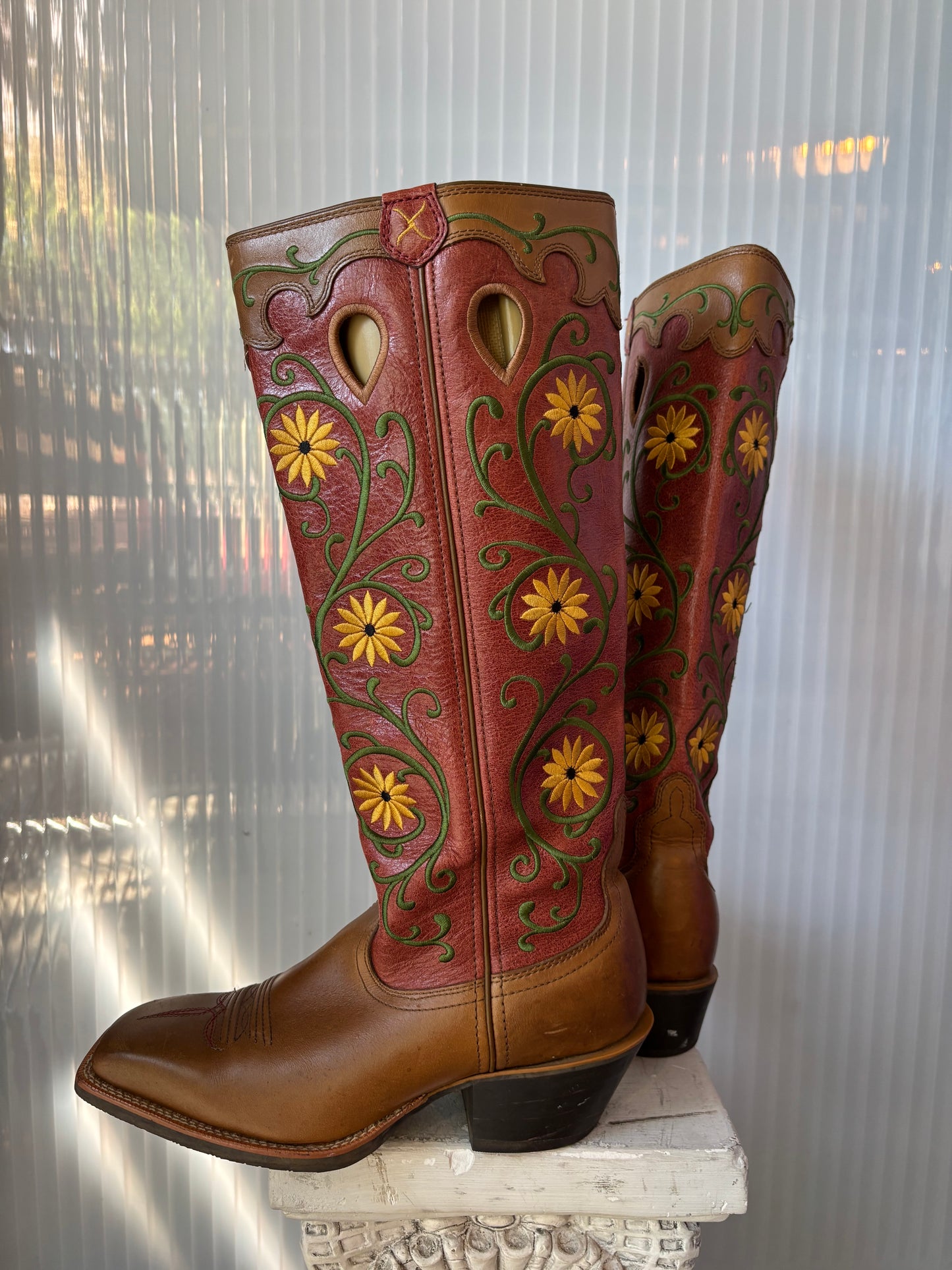 2 Tone Leather Square Toe Embroidered Cowgirl Boots 9B