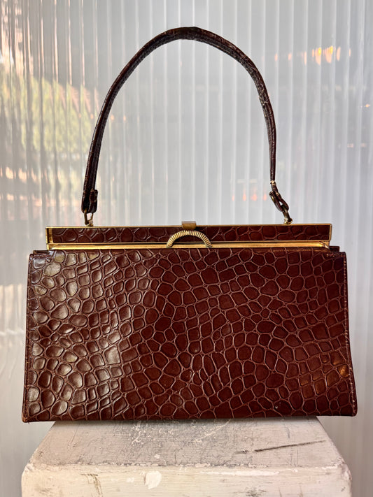 1950s Dark Brown Gator Embossed Hand Bag