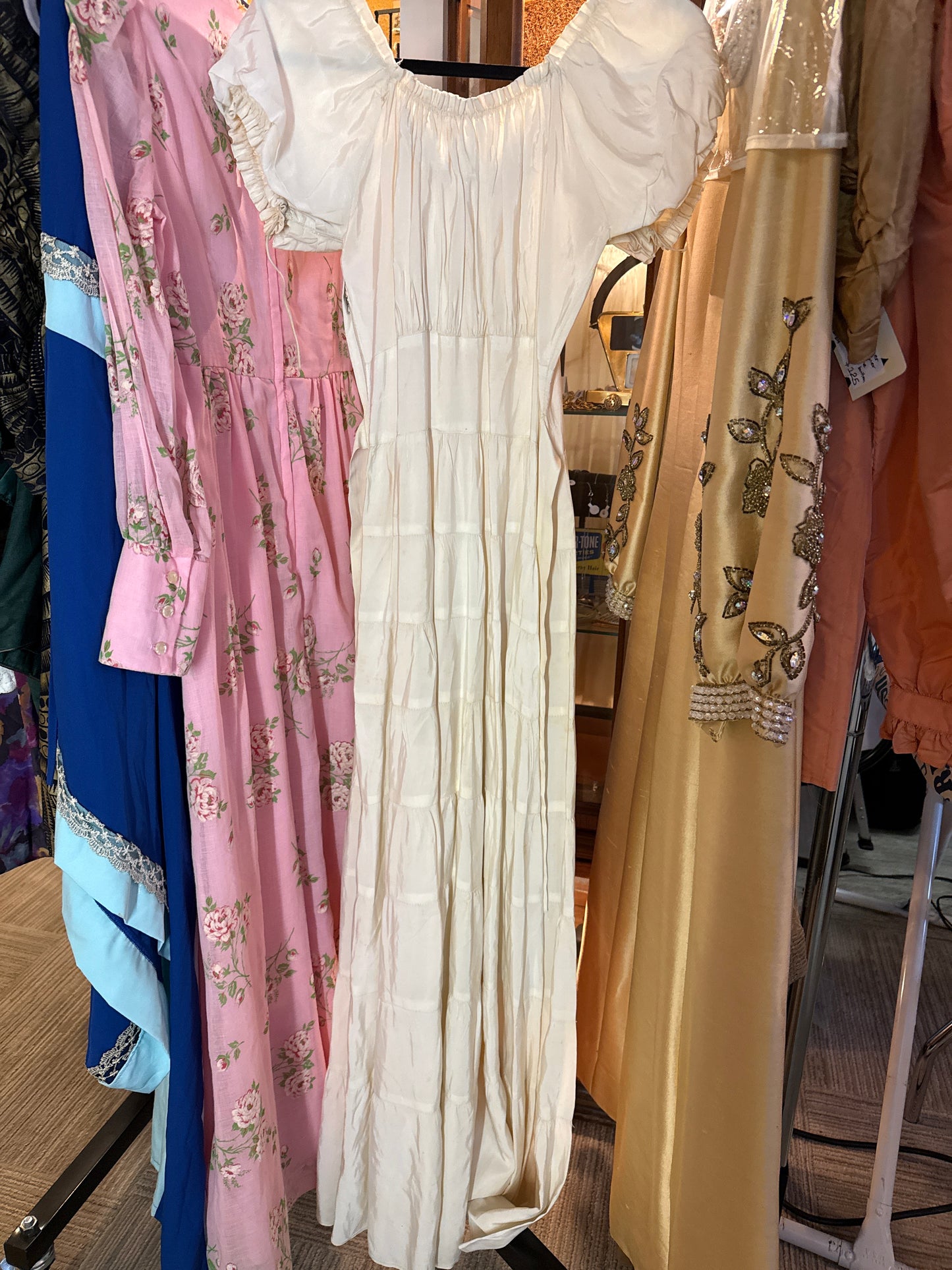 1930s/40s Cream Short Sleeve Full Length Puff Sleeve Dress w/ Elastic Top