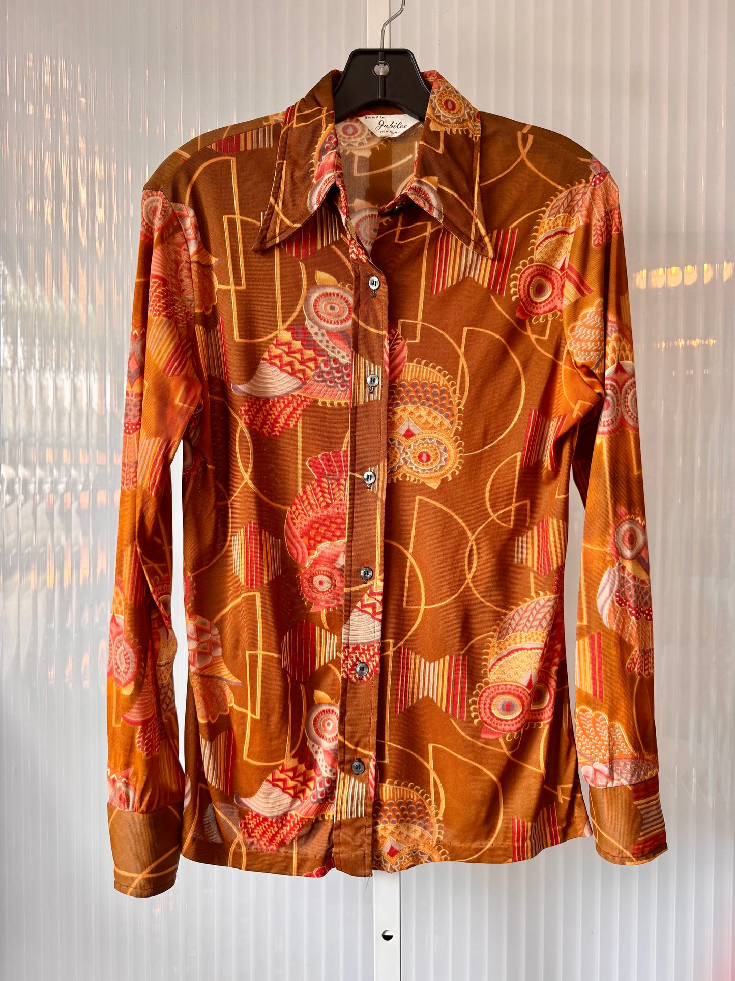 1970s Brown & Orange Point Collar Button Up Shirt