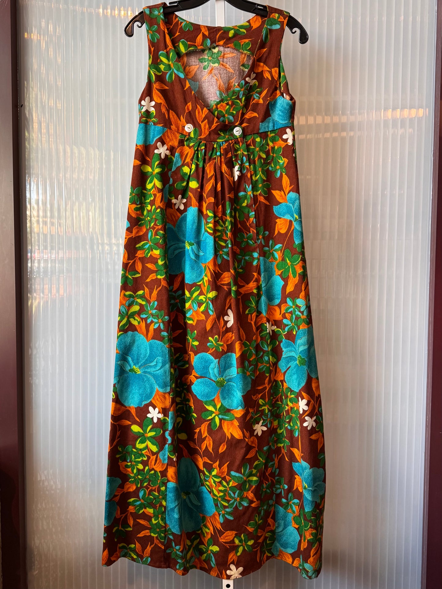 1960s Brown Orange Green Hawaiian Dress