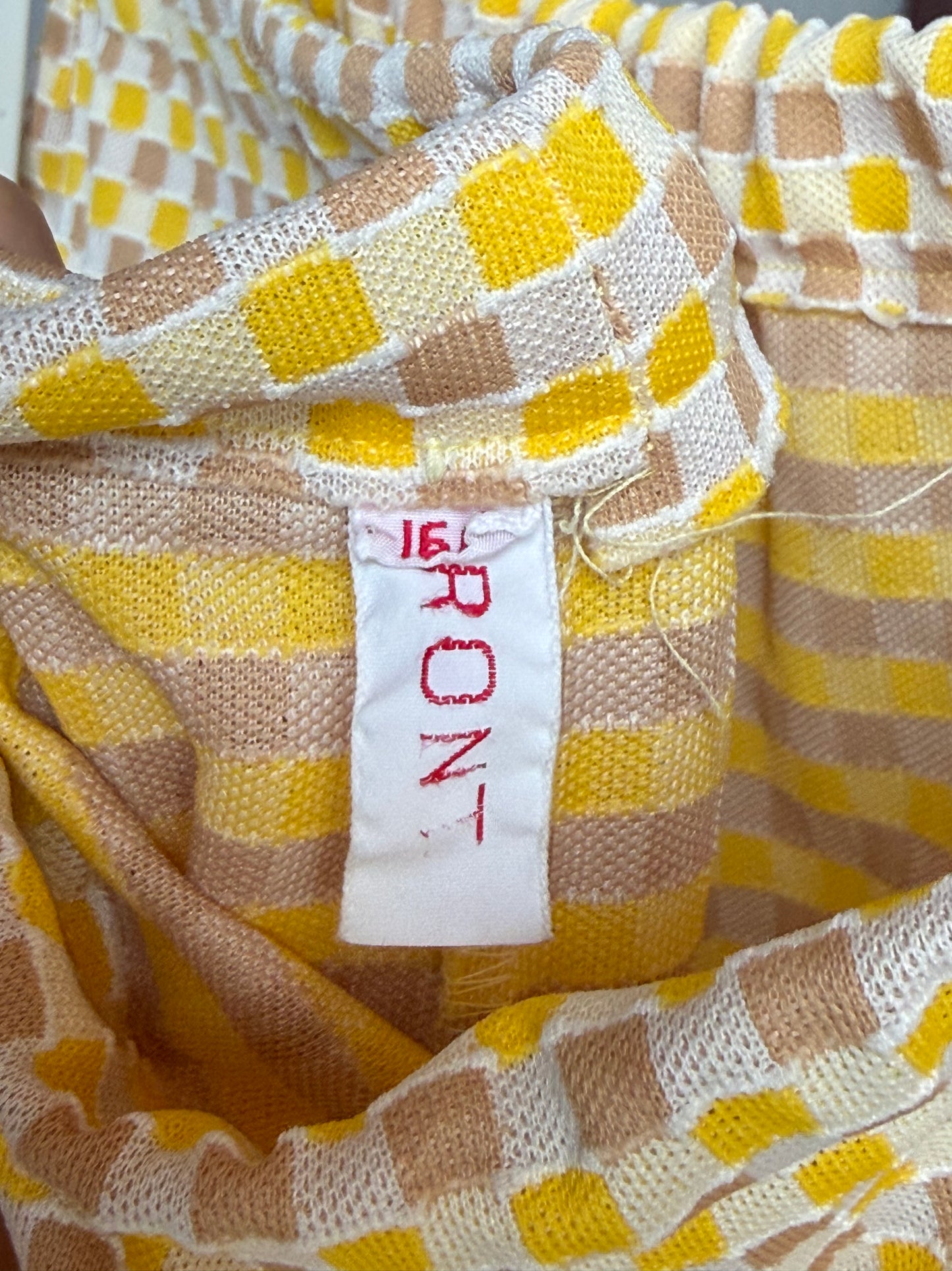 1960s Polyester Yellow, Cream, & Brown Checker Print Pants
