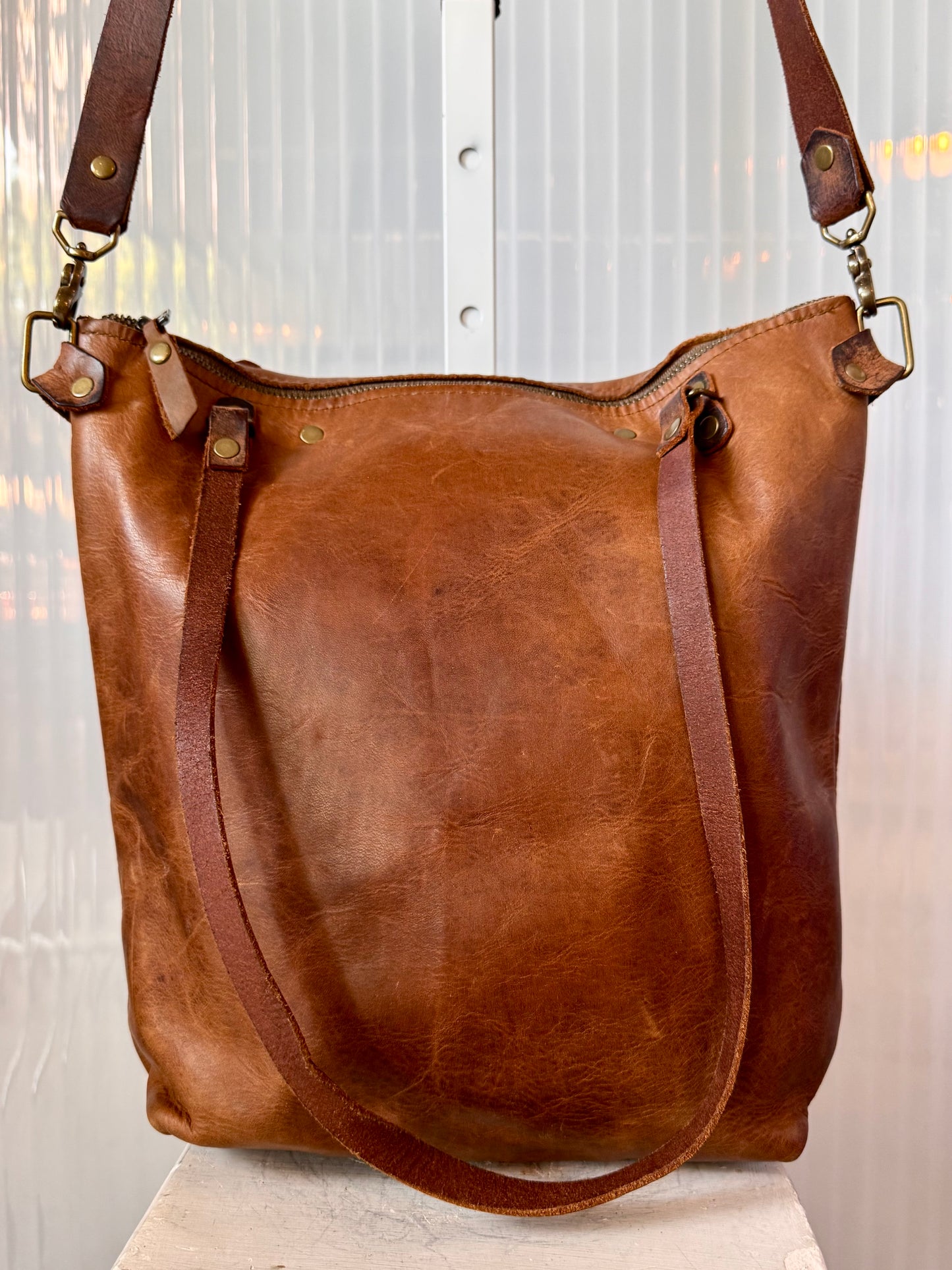 Brown Leather Crossbody Tote Bag