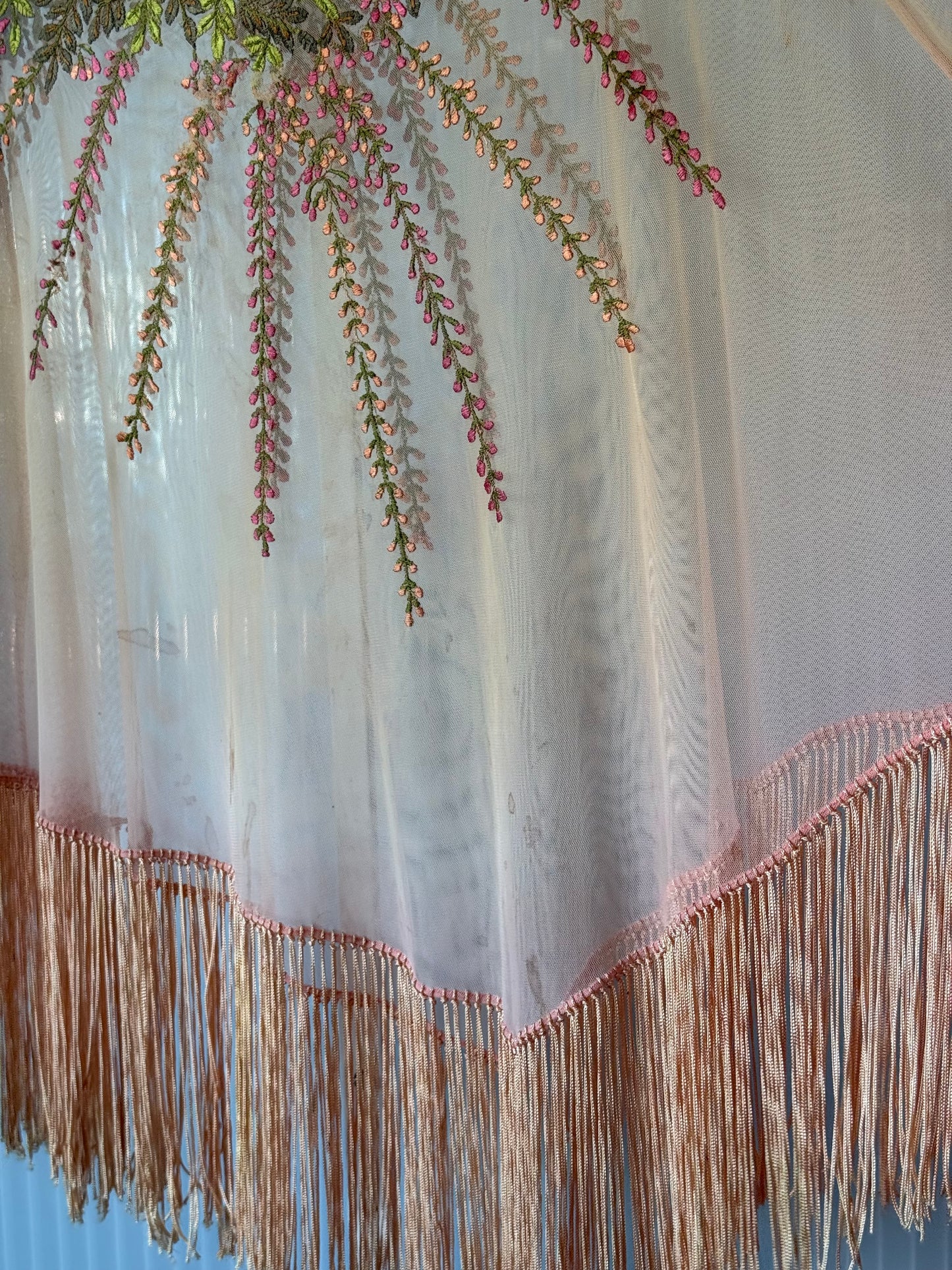 1960s Peachy Pink Sheer Fringe Poncho w/ Floral Embroidery