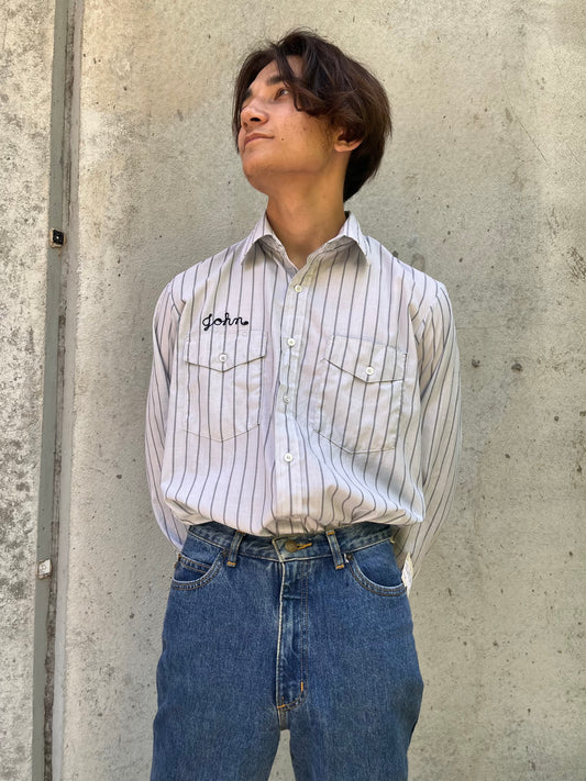 1970s Unitog White & Grey Striped "John" Embroidered Button-Up