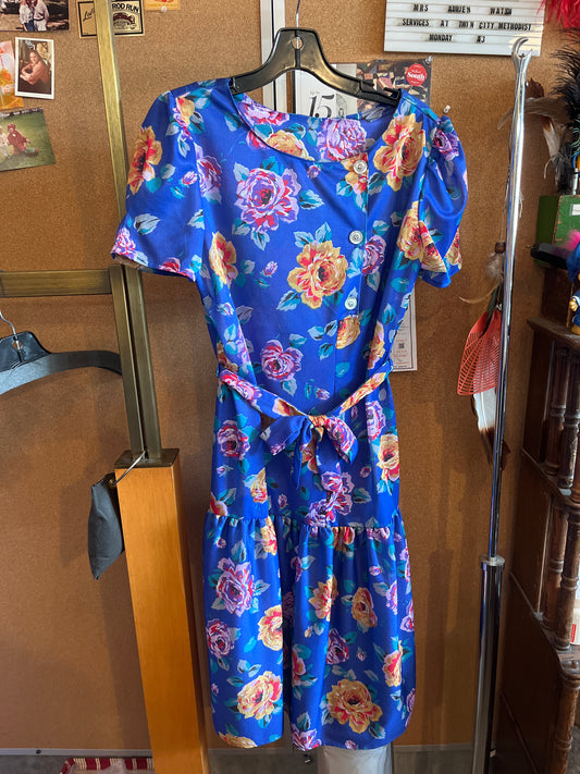 1980s Deep Blue Floral Dress