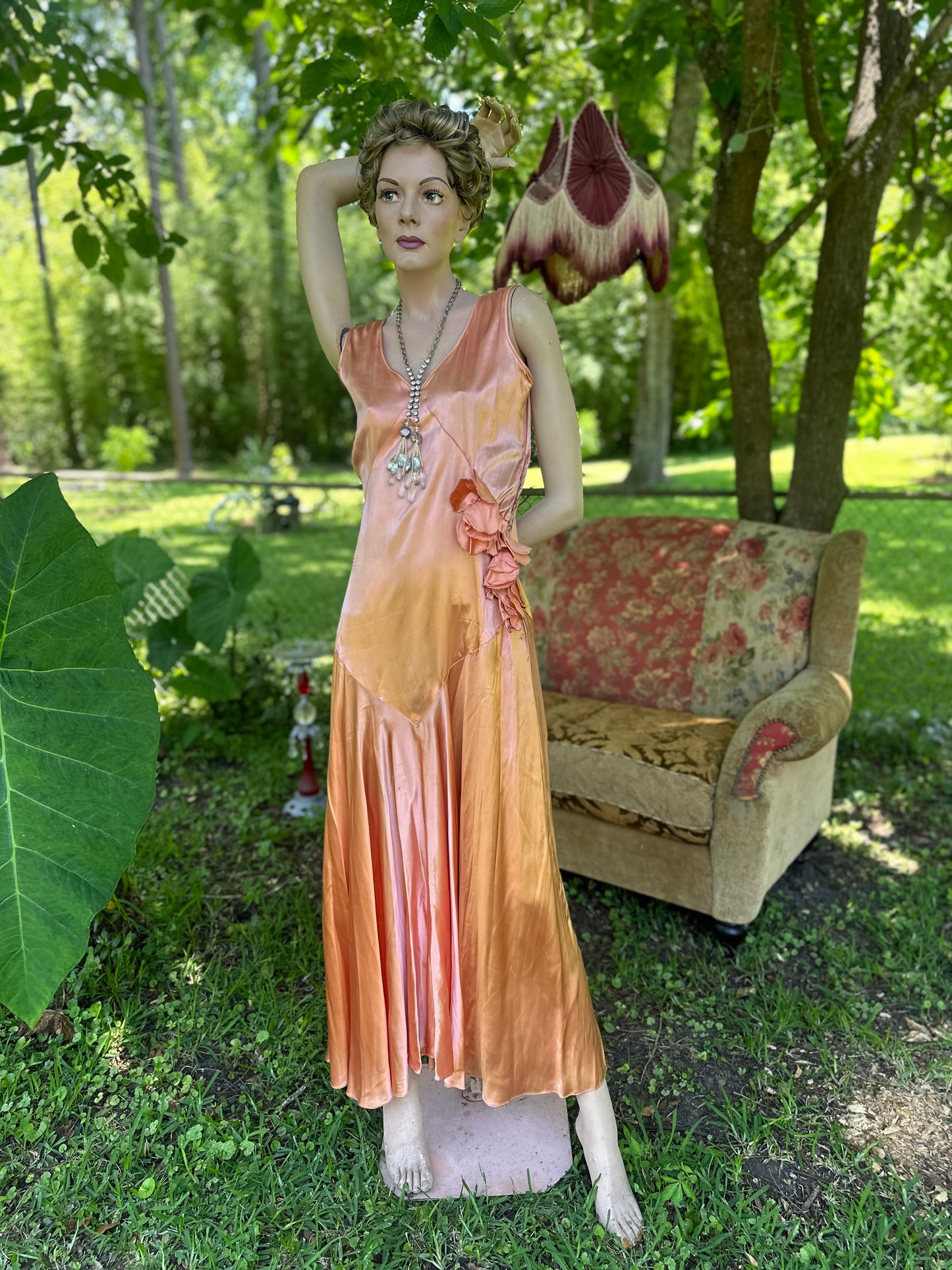 Antique 1920’s Peach Satin Drop-Waist Slip Gown