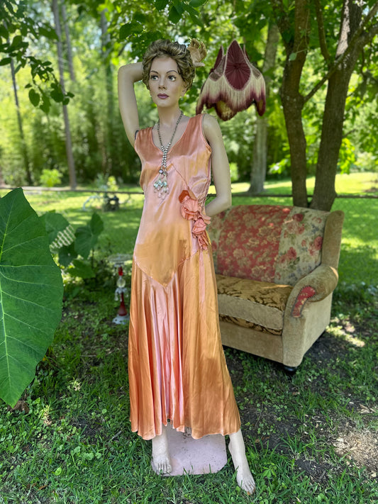 Antique 1920’s Peach Satin Drop-Waist Slip Gown