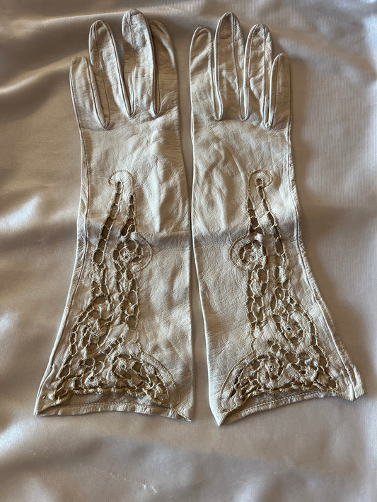 Tan Eyelet Lace Leather Gloves