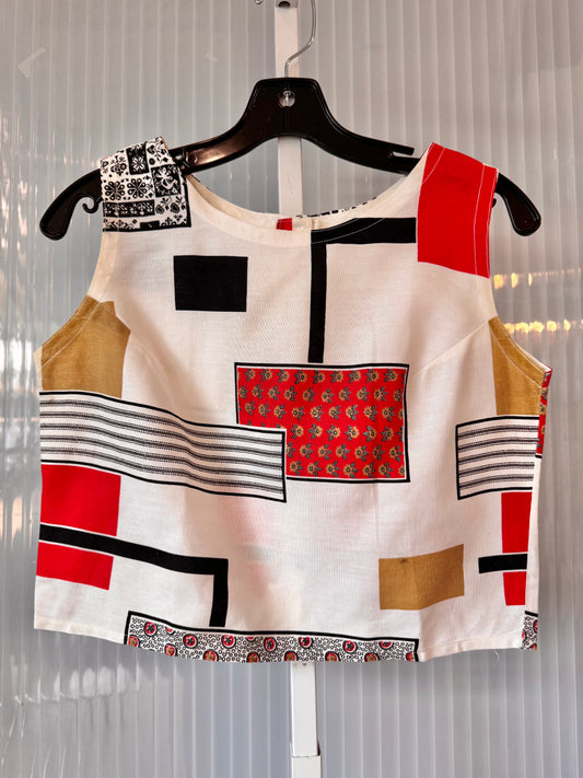 1980s Red & White Geometric Cropped Blouse