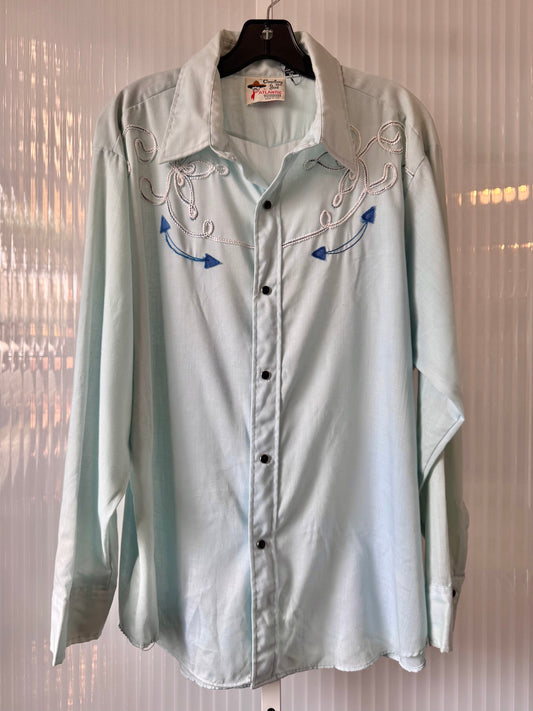 1970s Light Blue Embroidered Western Shirt