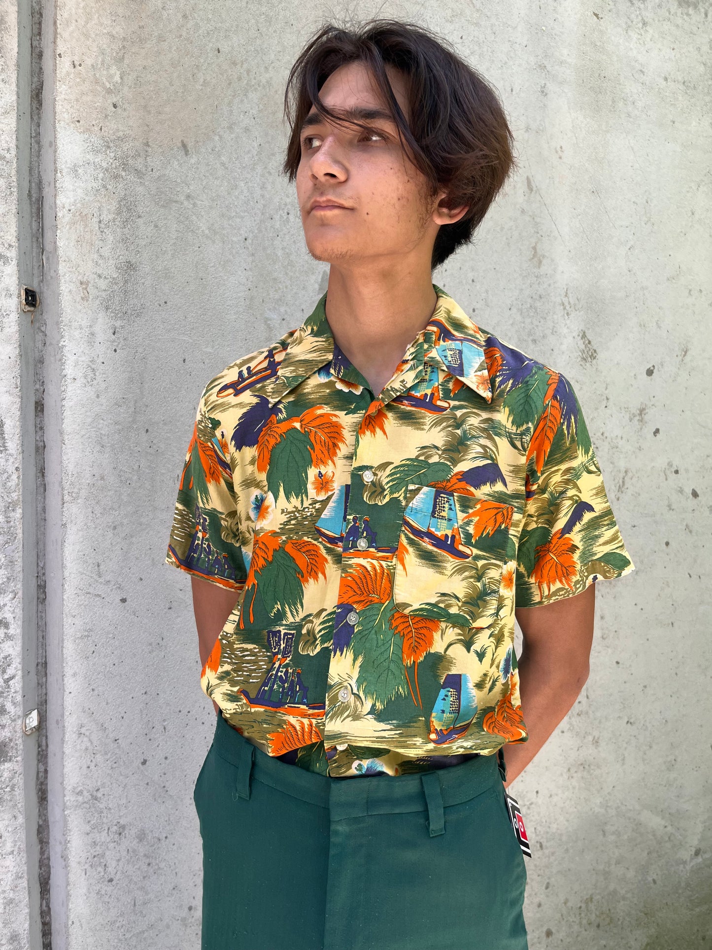 1970s Green & Orange Hawaiian Shirt