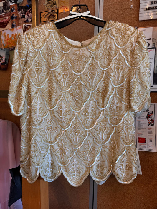 1990s Gold & White Beaded Blouse