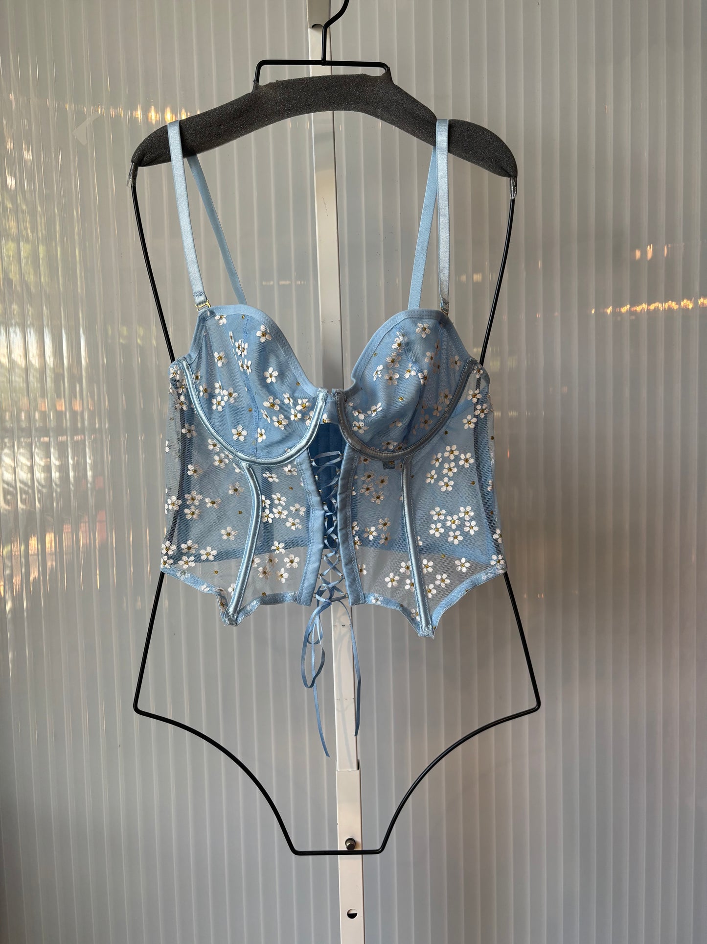 2000s Light Blue Corset w/ Floral Pattern