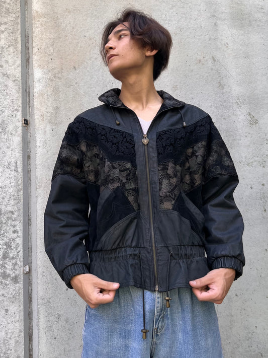 1980s Winlit Black Leather & Eyelet Lace Jacket