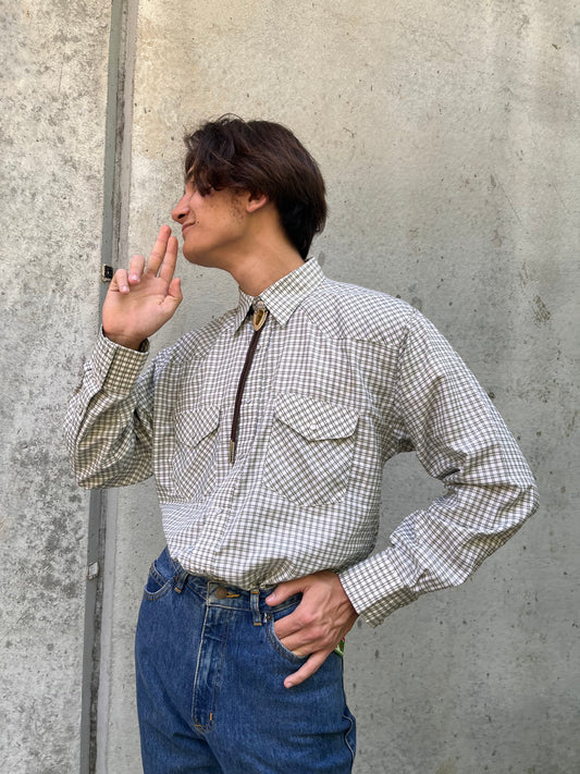 2000s Cowboy Legend Green & White Plaid Western Shirt