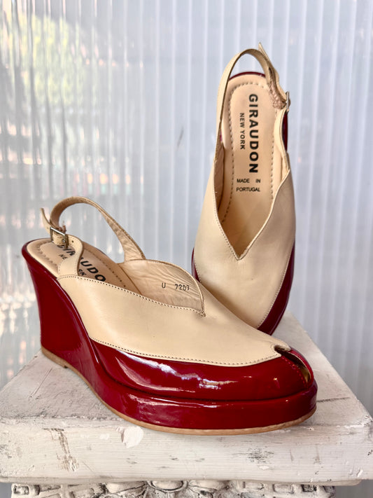 1980s does 40s Giraudon NY Red & Cream Slingback Peeptoe Heels