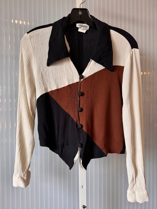 1980s Black White & Brown Button Up Blouse