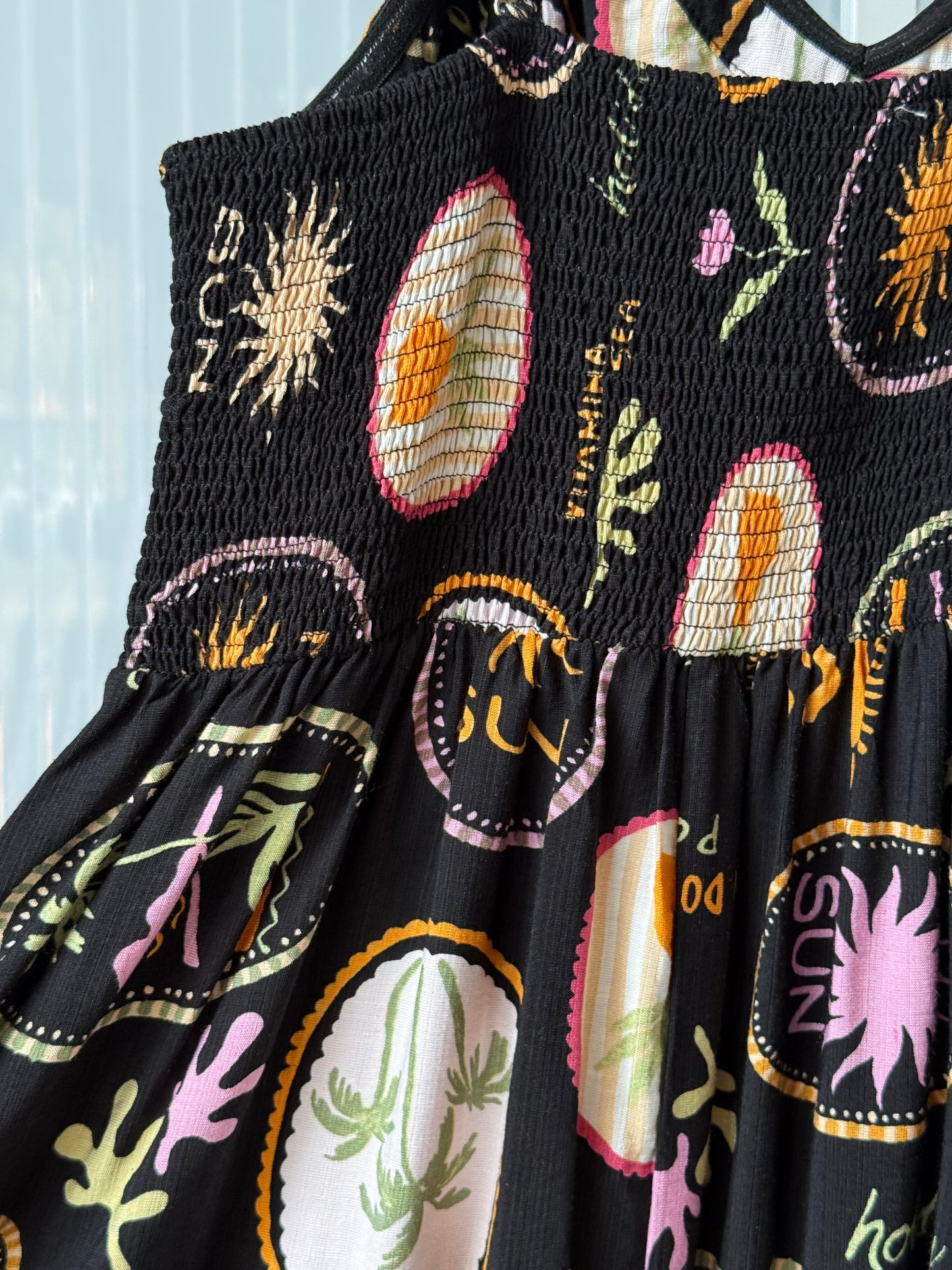 2000s Black 100% Cotton Smocked Sun Dress