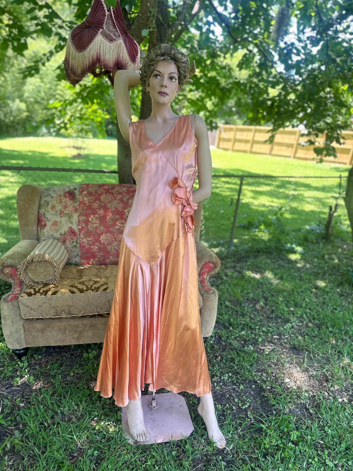 Antique 1920’s Peach Satin Drop-Waist Slip Gown