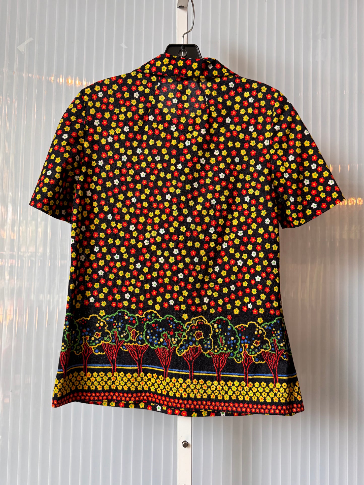 1970s Black Red & Yellow Orchard Print Blouse