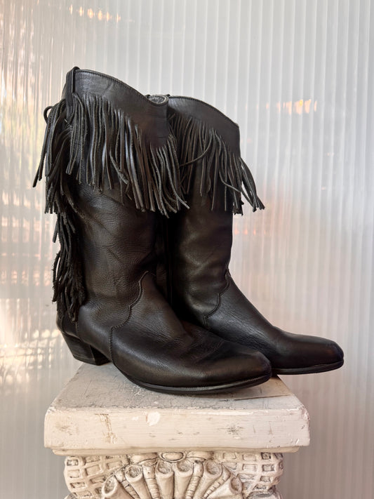 Black Fringe Leather Boots Size 10