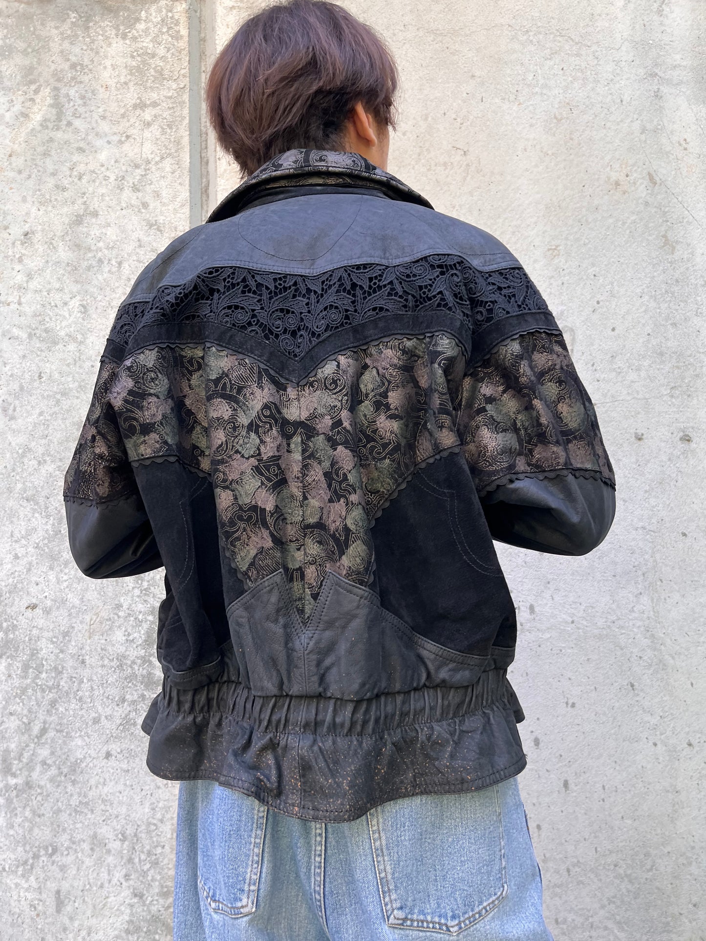 1980s Winlit Black Leather & Eyelet Lace Jacket