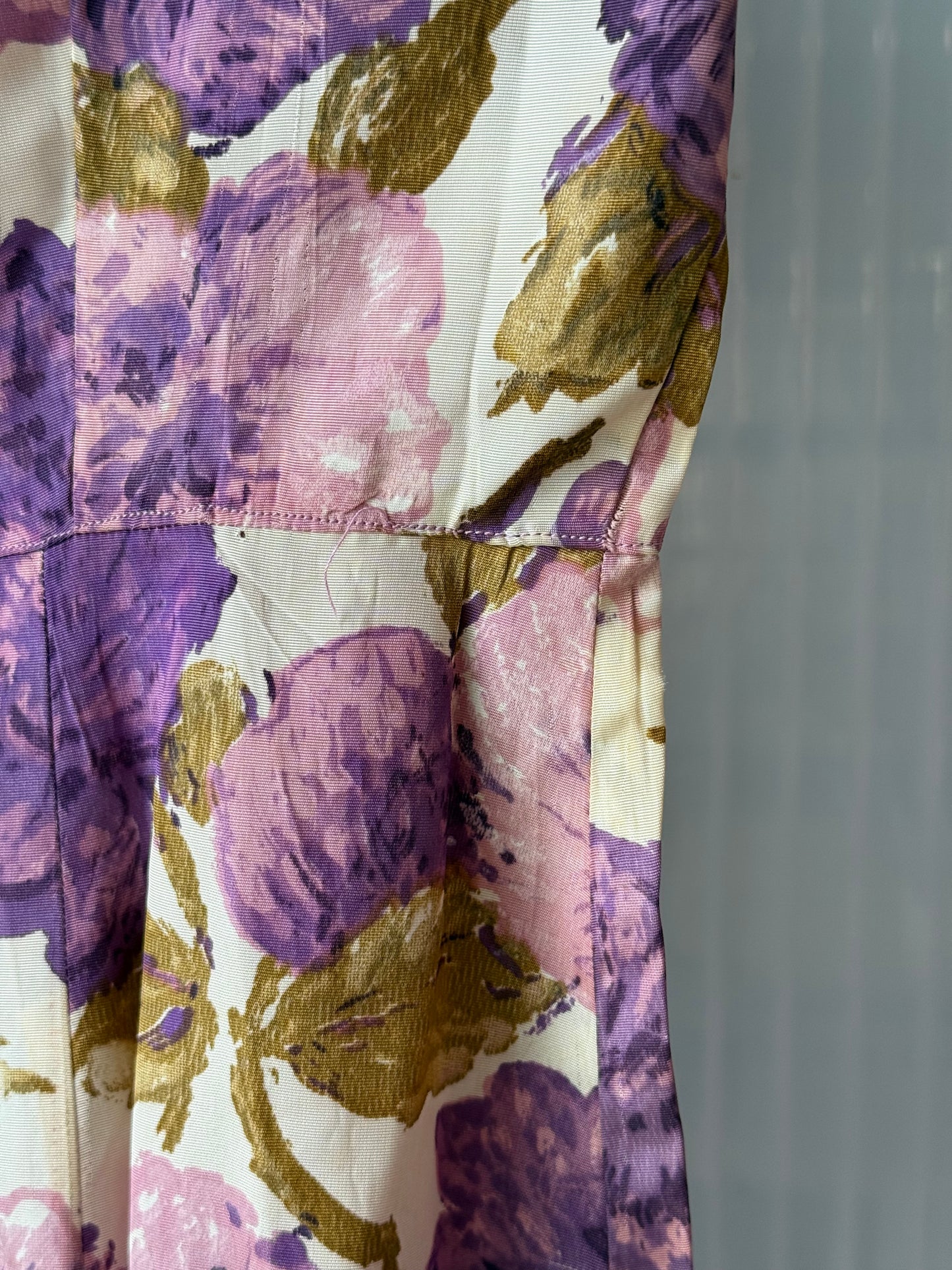 1960s Purple Floral Empire Waist Sheath Dress