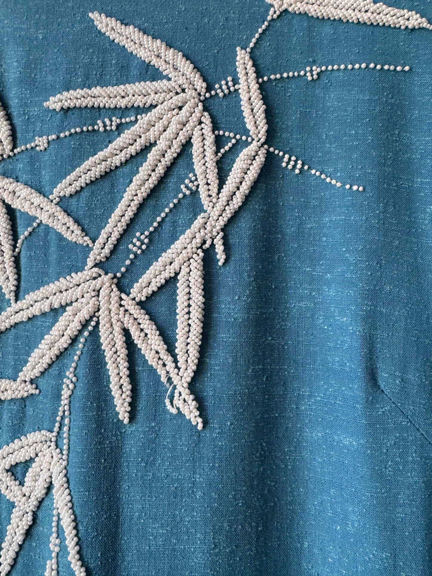 1960s Blue & White Floral Beaded Cheongsam Dress