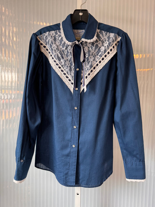 1970s Rockmount Blue & White Lace Western Blouse