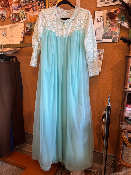 1960s Blue Peignoir Robe + Nightgown Set