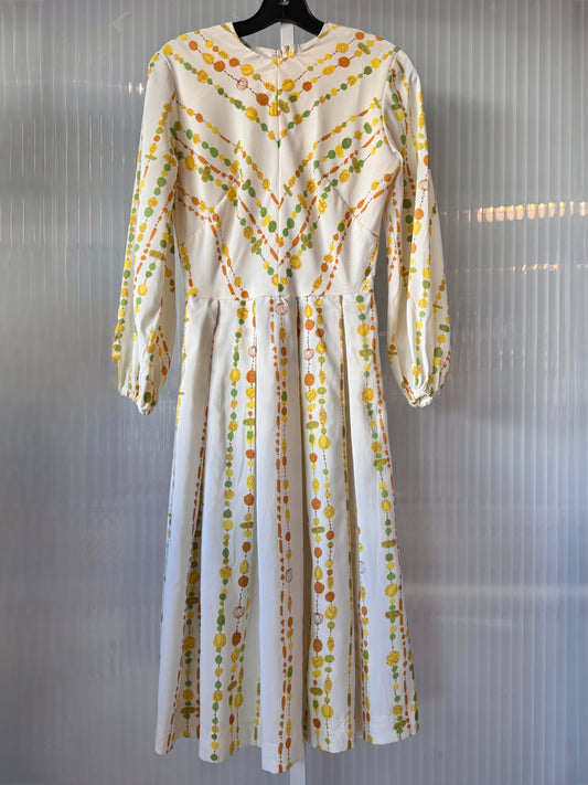1970s White Green & Orange Dress