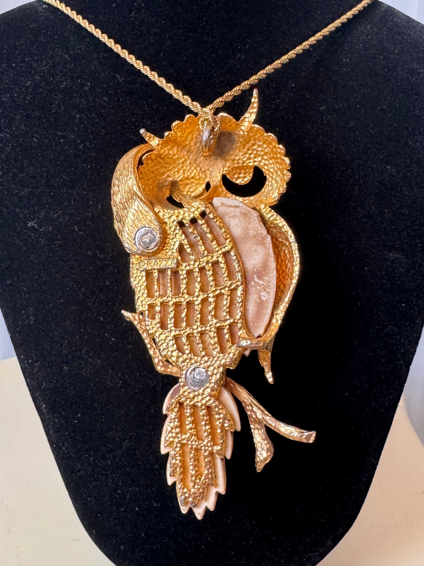 1970s Luca Razza Gold Owl Necklace Pendant