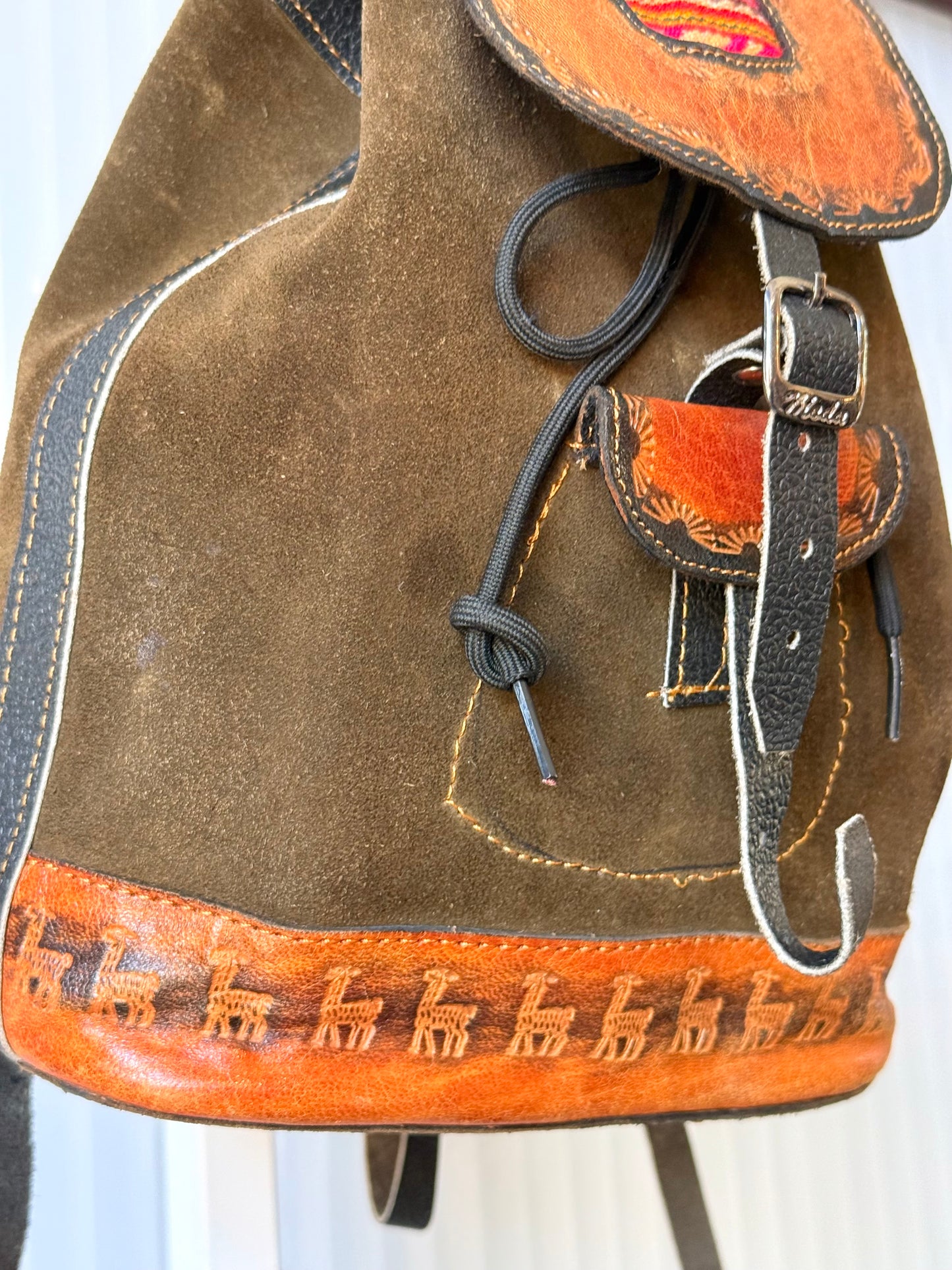 Suede & Tooled Leather Drawstring Backpack