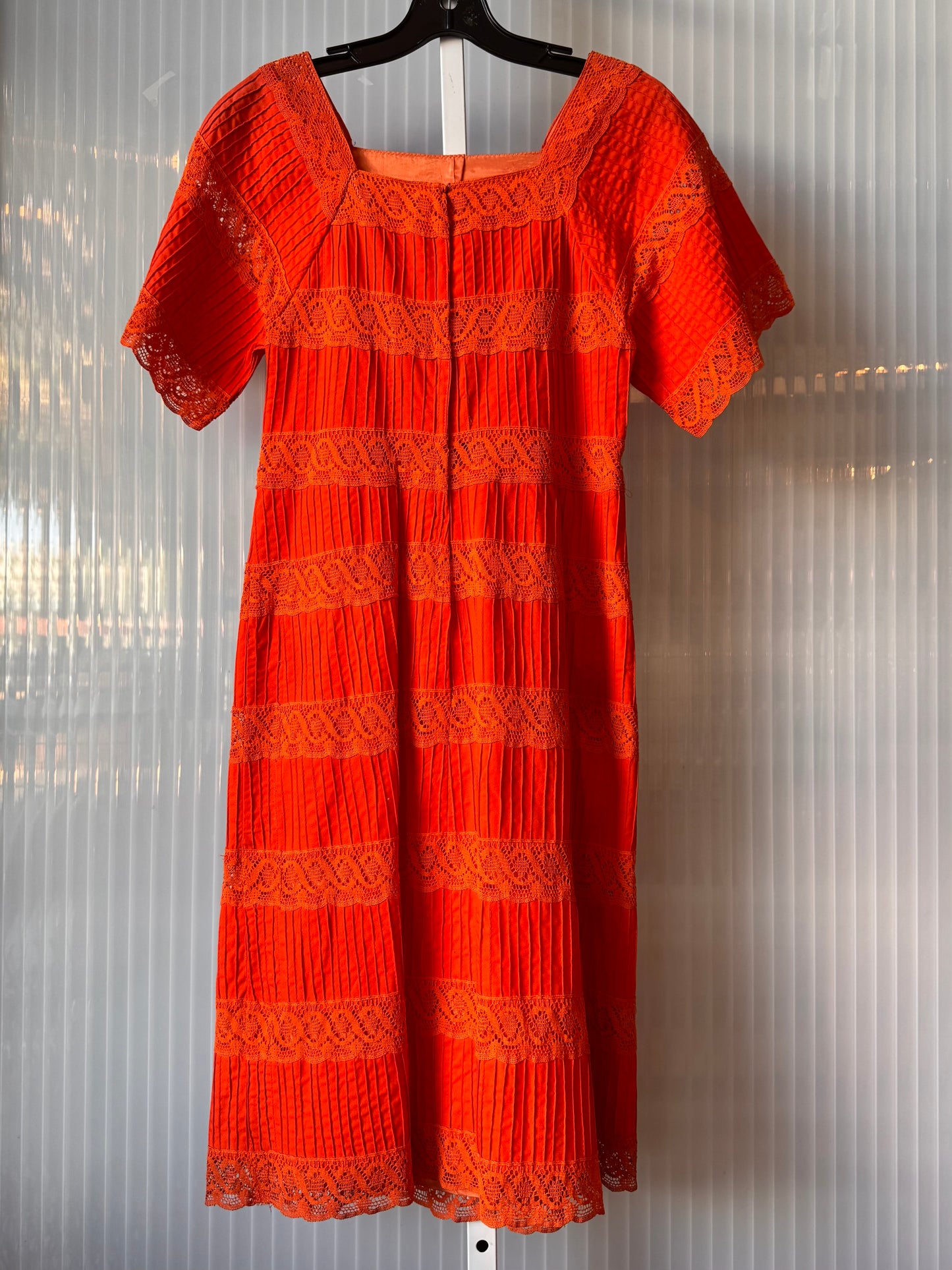 1970s Orange Pintuck & Lace Dress