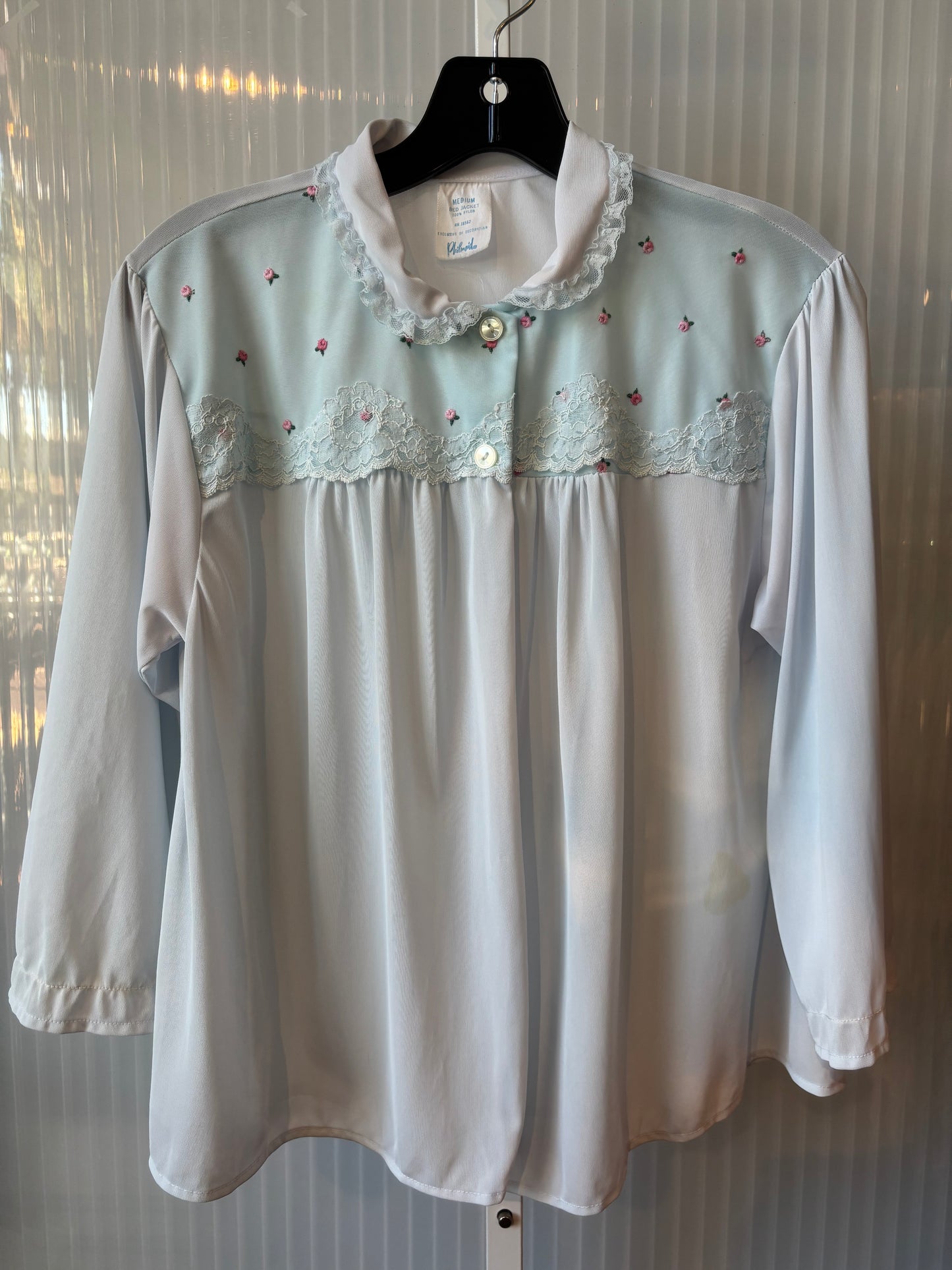 1950s Baby Blue Floral Embroidered Bed Jacket