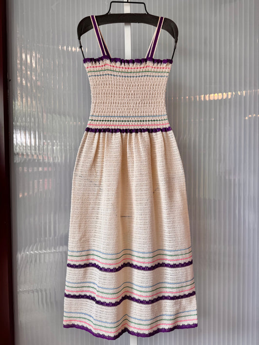 1960s Cream & Purple Smocked Knit Dress