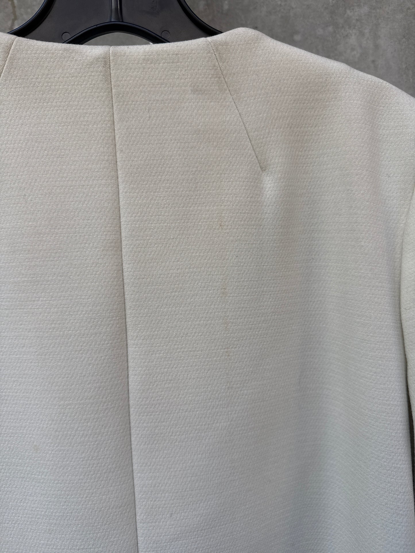 2000s Zip-Up White Coat with Tweed Stripe and Ostrich Feather Trim