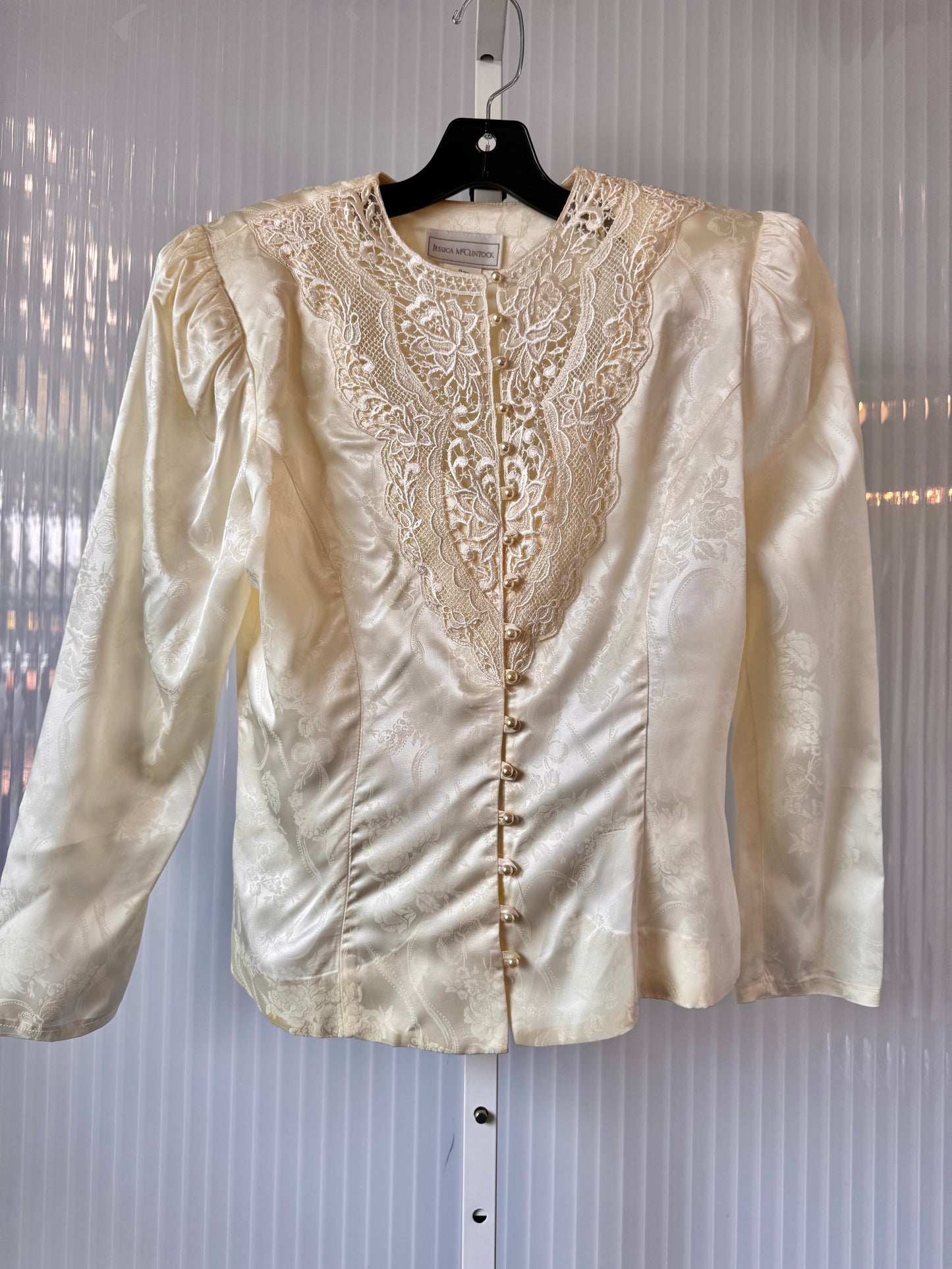 1980s Jessica McClintock Cream Lace & Jacquard Blouse
