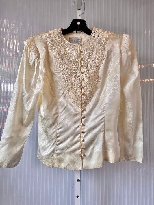 1980s Jessica McClintock Cream Lace & Jacquard Blouse