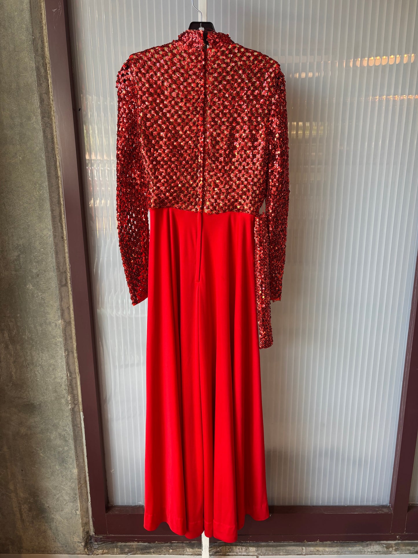 1970s Lipstick Red Disco Jumpsuit w/ Sequin Upper