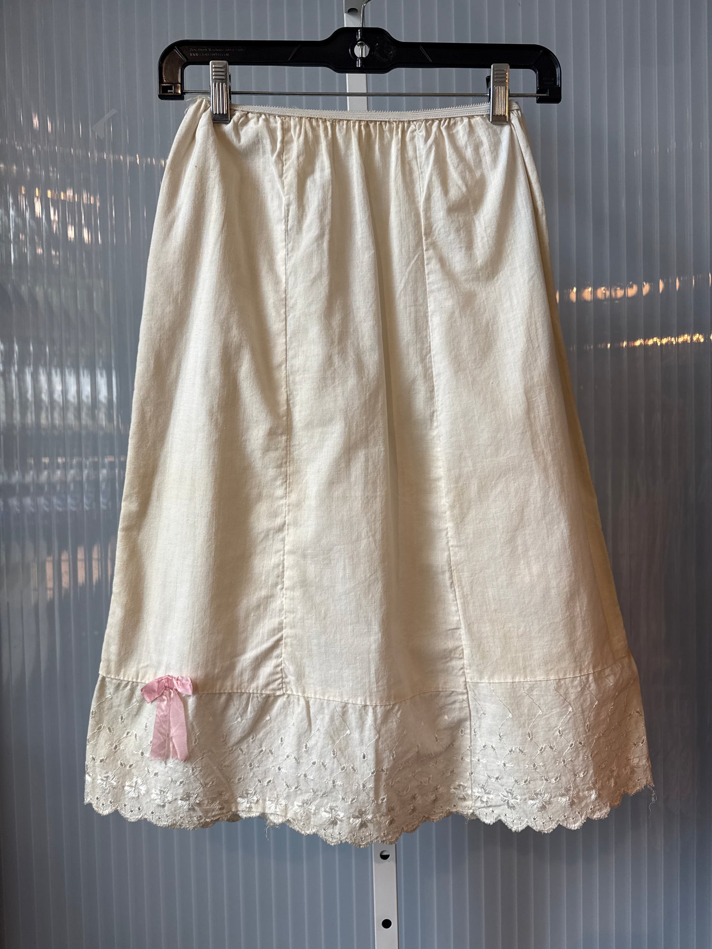 1970s White Skirt Slip with Eyelets & Pink Bow