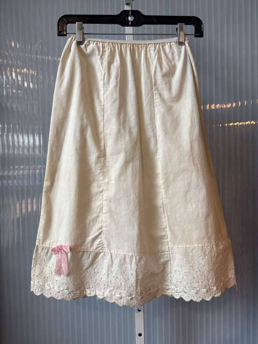1970s White Skirt Slip with Eyelets & Pink Bow