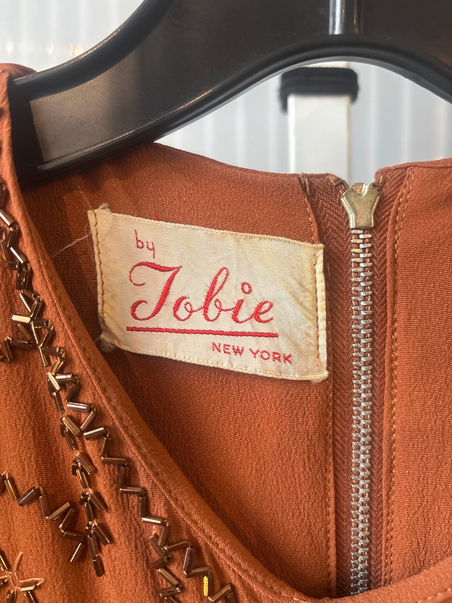 1930/40s Tobie New York Rusty Brown Dress w/ Beading