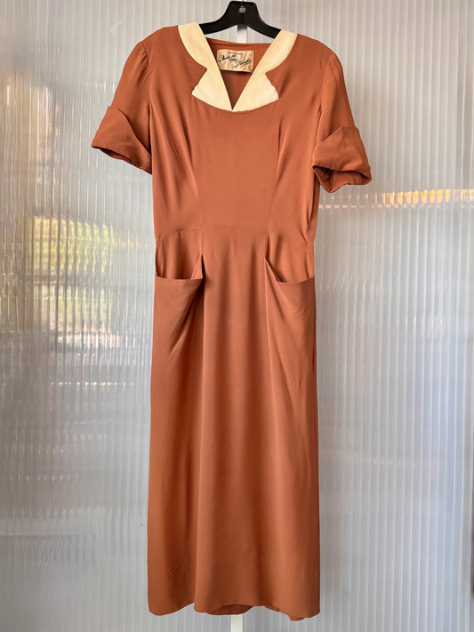 1940s Orange-Brown & Cream Dress