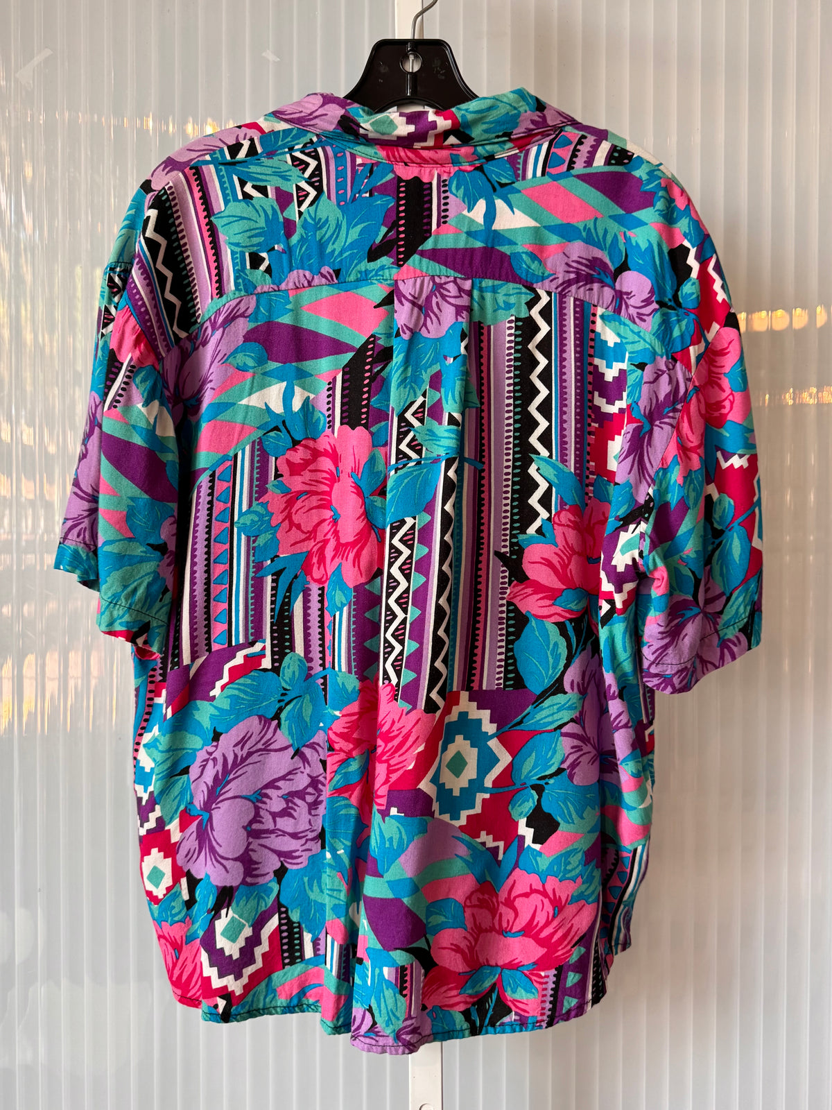 1980s Purple & Teal Floral Geometric Button-Up Shirt
