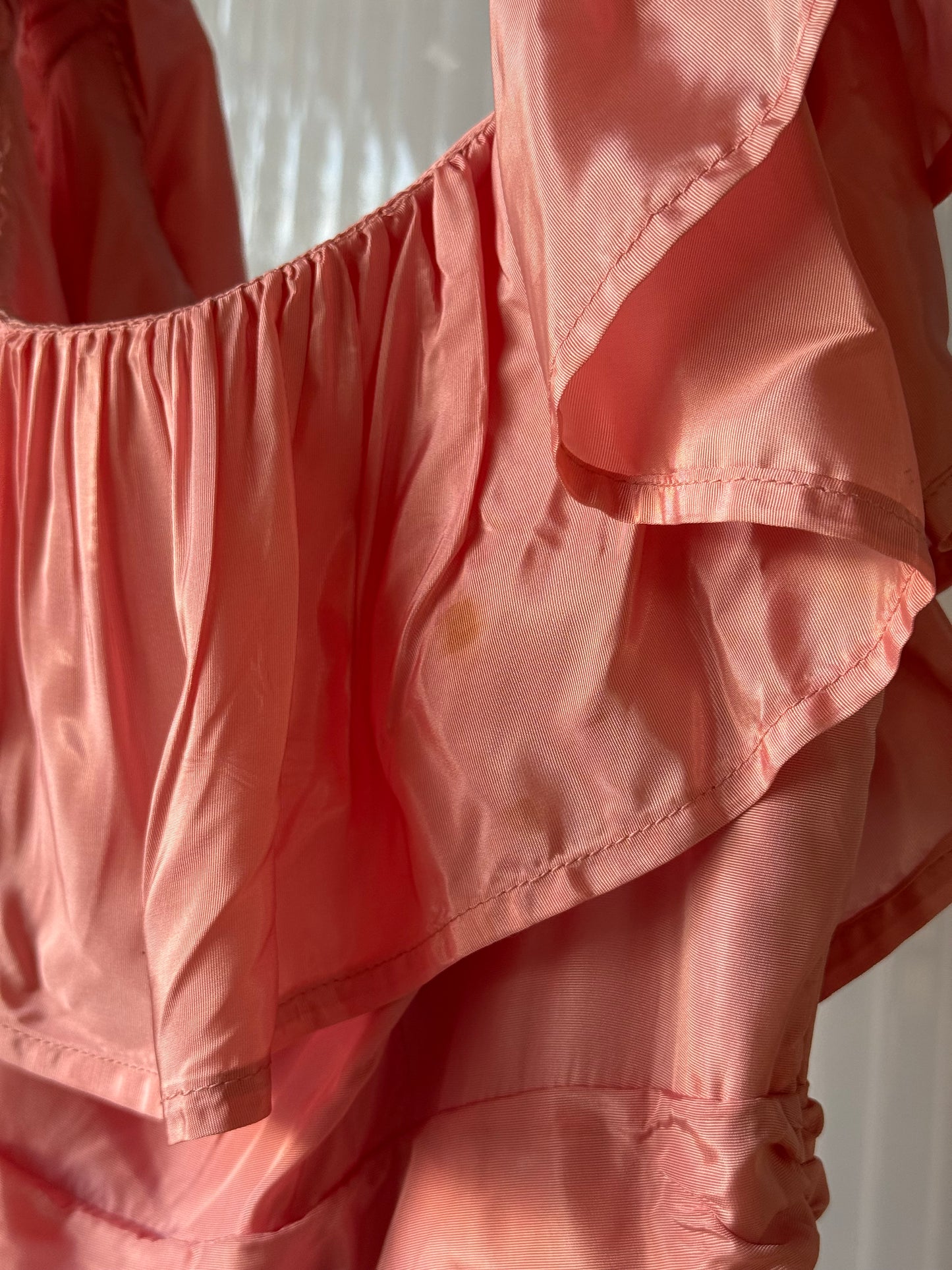1980s Blush Pink Satin Gown w/ Pleated Layers