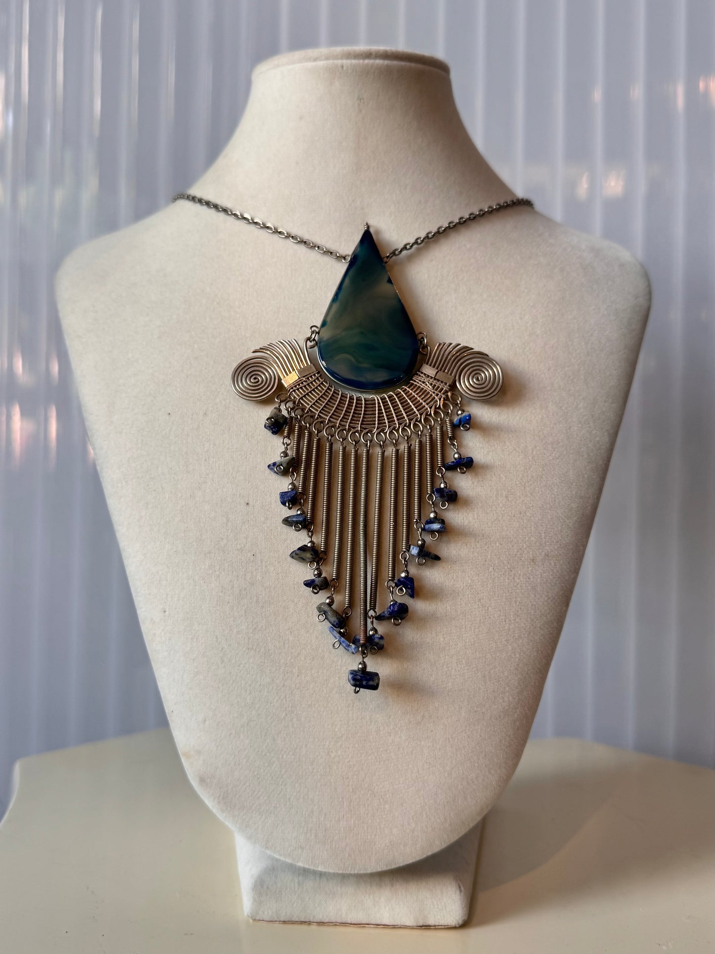 Striped Agate Silver Necklace with Lapis Lazuli Accents